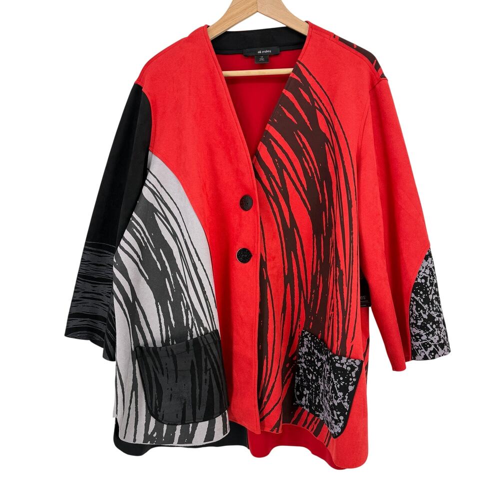 Ali Miles Red Black Abstract Print Faux Suede Jacket Plus Size 2X Pockets